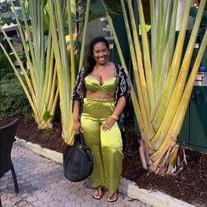 Two piece green satin set